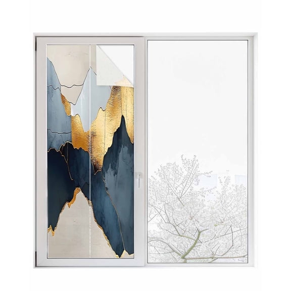 Window Privacy Film Blue Gold Mountain Stained Glass Window Film Decorative Sun Block Window Cover Country Abstract Marble Texture Window Clings Static Adhesive Sticker for Bathroom 23.6"x59"
