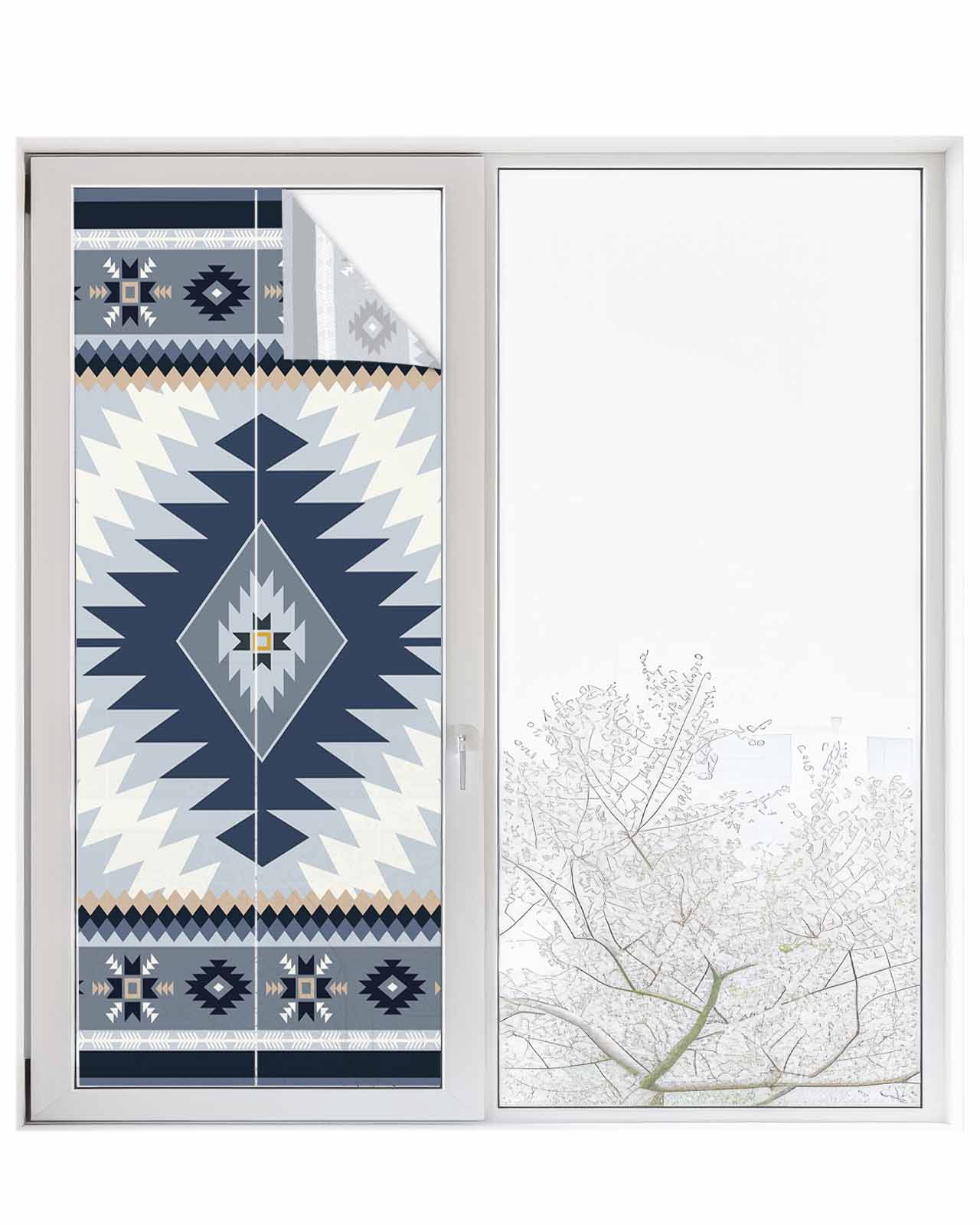Window Privacy Film Blue Gray Boho Stained Glass Window Film Decorative Sun Block Window Cover Southwestern Ethnic Abstract Geometric Window Clings Static Adhesive Sticker for Bathroom 23.6"x59"