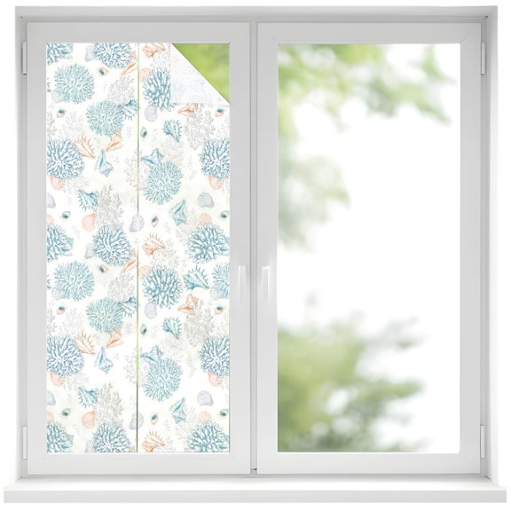 Window Privacy Film Blue Gray Coastal Stained Glass Window Film Decorative Sun Block Window Cover Summer Beach Ocean Coral Conch Shell Window Clings Static Adhesive Sticker for Bathroom 19.6"x39.3"