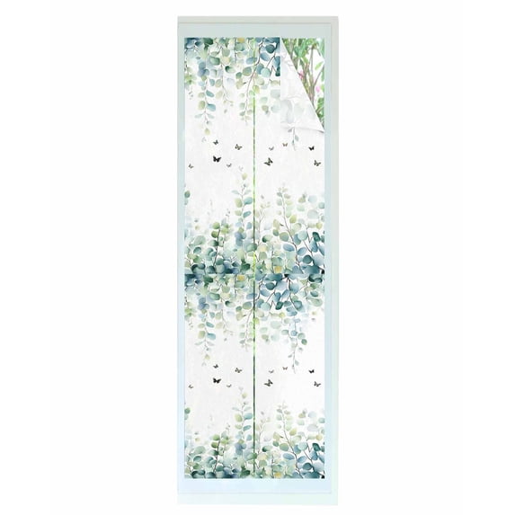 Window Privacy Film Blue Green Eucalyptus Stained Glass Window Film Decorative Sun Block Window Cover Sage Gradient Leaves Butterfly Window Clings Static Adhesive Sticker for Bathroom 29.5"x118"