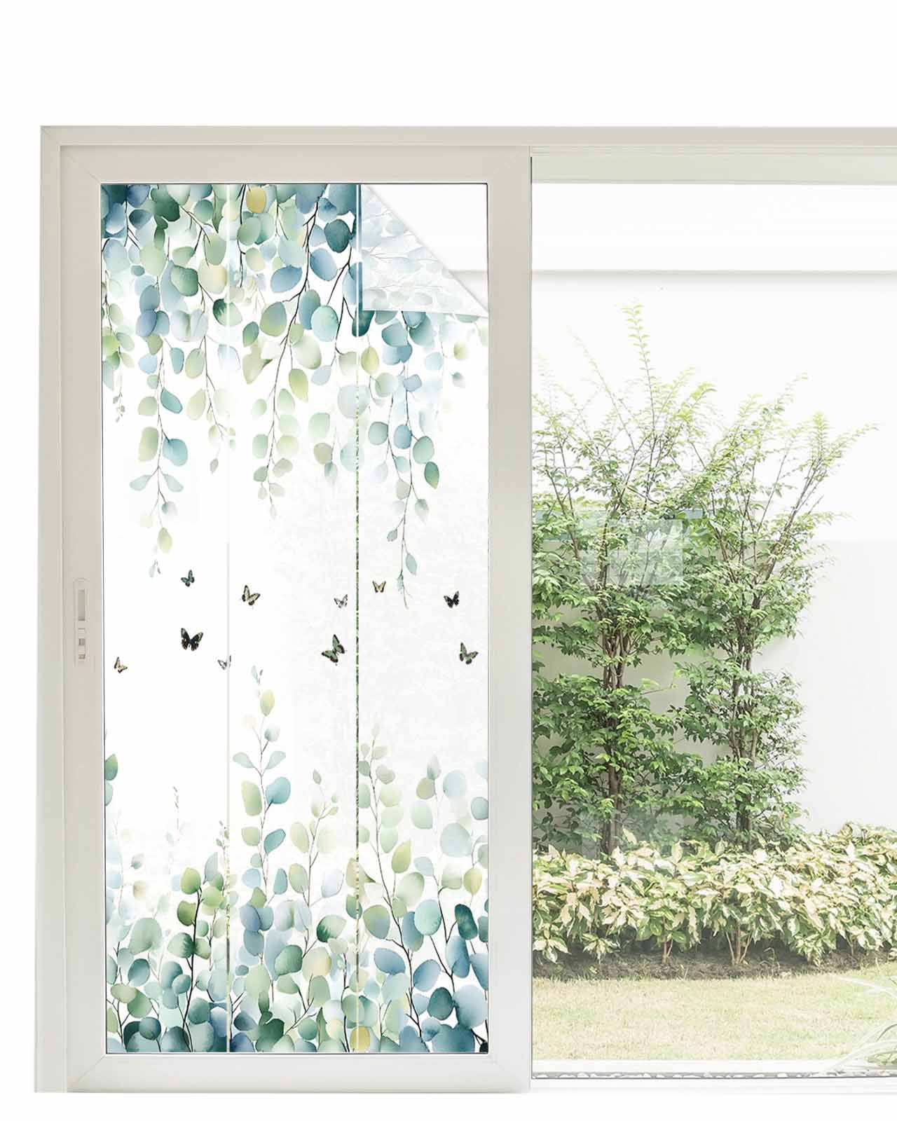Window Privacy Film Blue Green Eucalyptus Stained Glass Window Film Decorative Sun Block Window Cover Sage Gradient Leaves Butterfly Window Clings Static Adhesive Sticker for Bathroom 35.4"x78.7"