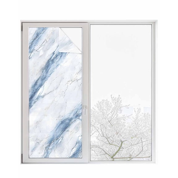 Window Privacy Film Blue Grey Marble Stained Glass Window Film Decorative Sun Block Window Cover Vintage Abstract Modern Art Crack Window Clings Static Adhesive Sticker for Bathroom 23.6"x59"