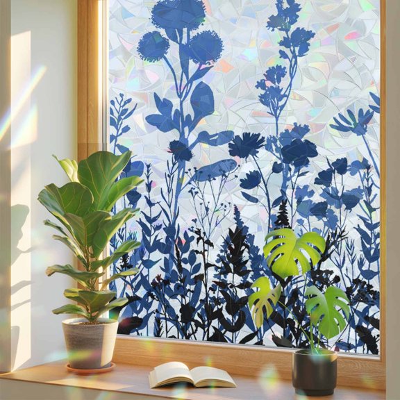 Window Privacy Film Blue Herb Stained Glass Window Film Floral Leaves Plant Rainbow Static Window Clings for Glass Windows Home Bathroom Living Room Office Glass Door Sticker 17.7"39.3"