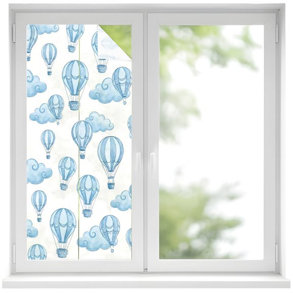 Window Privacy Film Blue Hot Air Balloon Stained Glass Window Film Decorative Sun Block Window Cover Modern Balloon Float Clouds Window Clings Static Adhesive Sticker for Bathroom 17.7"x39.3"