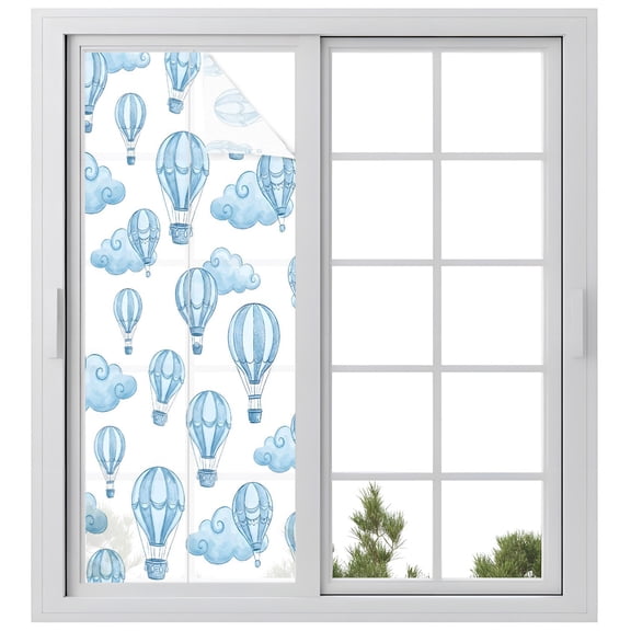 Window Privacy Film Blue Hot Air Balloon Stained Glass Window Film Decorative Sun Block Window Cover Modern Balloon Float Clouds Window Clings Static Adhesive Sticker for Bathroom 23.6"x59"