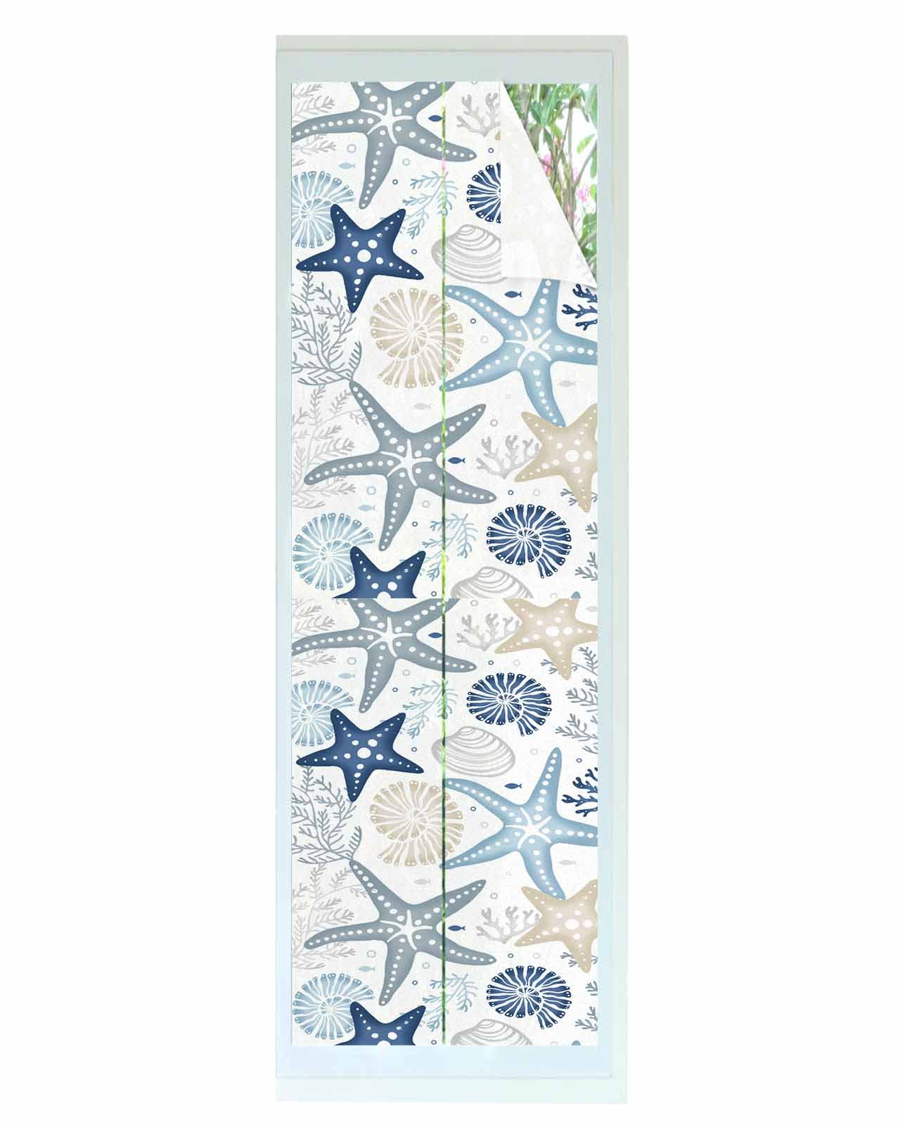 Window Privacy Film, Blue Khaki Coral Sun Blocking Window Tint Film Heat Control One Way Blackout Window Film, Spring Summer Coastal Starfish Beach Nautical Conch Non Adhesive Static Cling 17.7x78.7