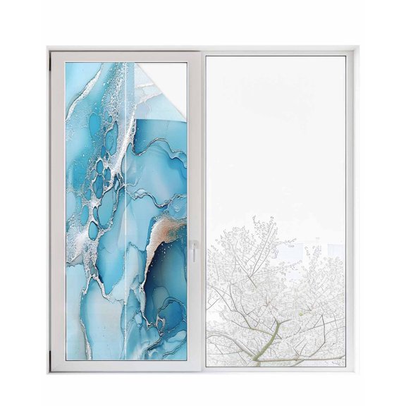 Window Privacy Film Blue Marble Stained Glass Window Film Decorative Sun Block Window Cover Contemporary Modern Aesthetics Abstract Window Clings Static Adhesive Sticker for Bathroom 23.6"x59"