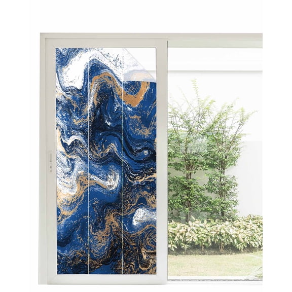 Window Privacy Film Blue Marble Stained Glass Window Film Decorative Sun Block Window Cover Modern Minimalist Abstract Fluid Art Window Clings Static Adhesive Sticker for Bathroom 35.4"x78.7"