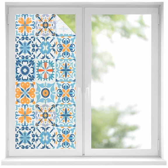 Window Privacy Film Blue Mediterranean Stained Glass Window Film Decorative Sun Block Window Cover Vintage Moroccan Tiles Texture Window Clings Static Adhesive Sticker for Bathroom 17.7"x39.3"