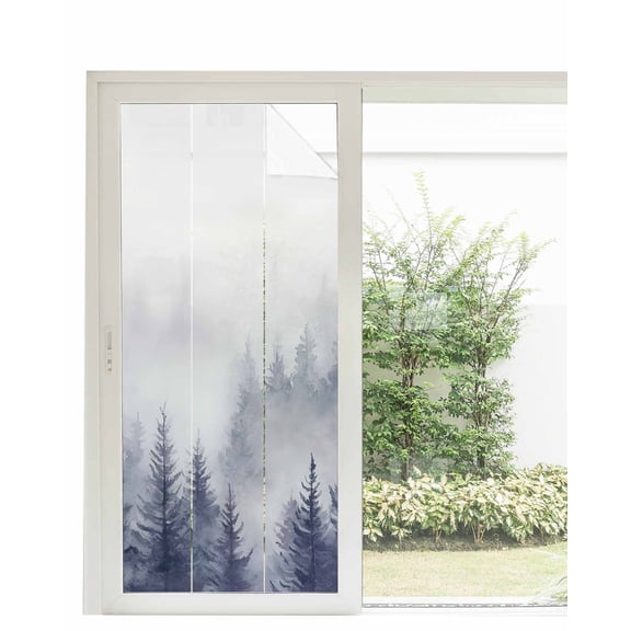 Window Privacy Film Blue Mist Forest Stained Glass Window Film Decorative Sun Block Window Cover Pine Larch Trees Natural Landscape Window Clings Static Adhesive Sticker for Bathroom 35.4"x78.7"