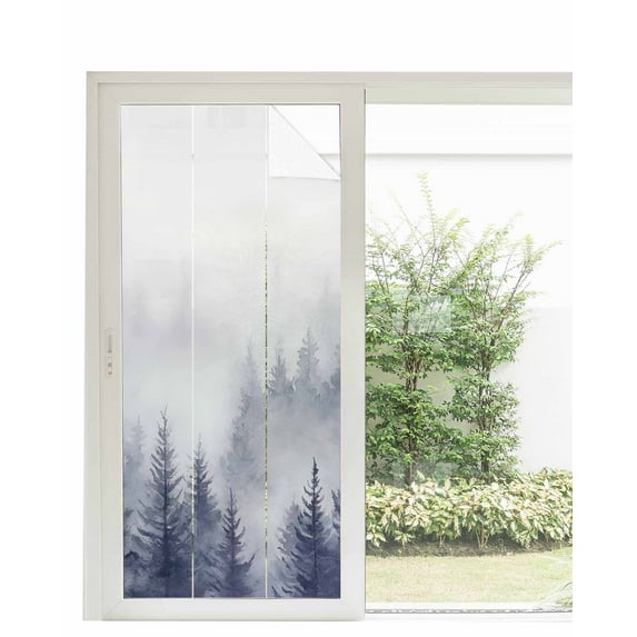 Window Privacy Film Blue Mist Forest Stained Glass Window Film Decorative Sun Block Window Cover Pine Larch Trees Natural Landscape Window Clings Static Adhesive Sticker for Bathroom 35.4"x78.7"