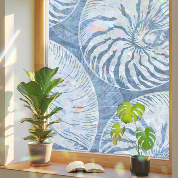 Window Privacy Film Blue Nautilus Shell Stained Glass Window Film Ocean Conch Marine Life Rainbow Static Window Clings for Glass Windows Home Bathroom Living Room Office Door Sticker 17.7"39.3"