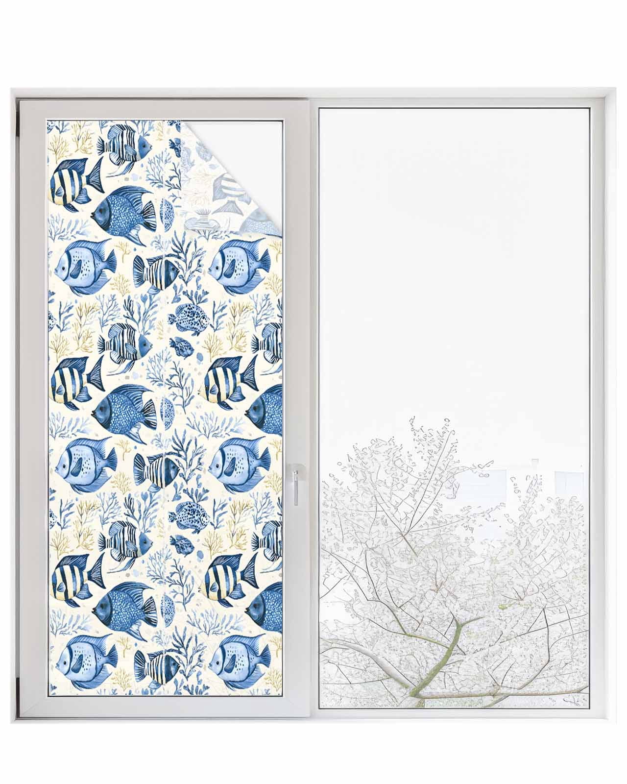 Window Privacy Film Blue Ocean Fish Stained Glass Window Film ...