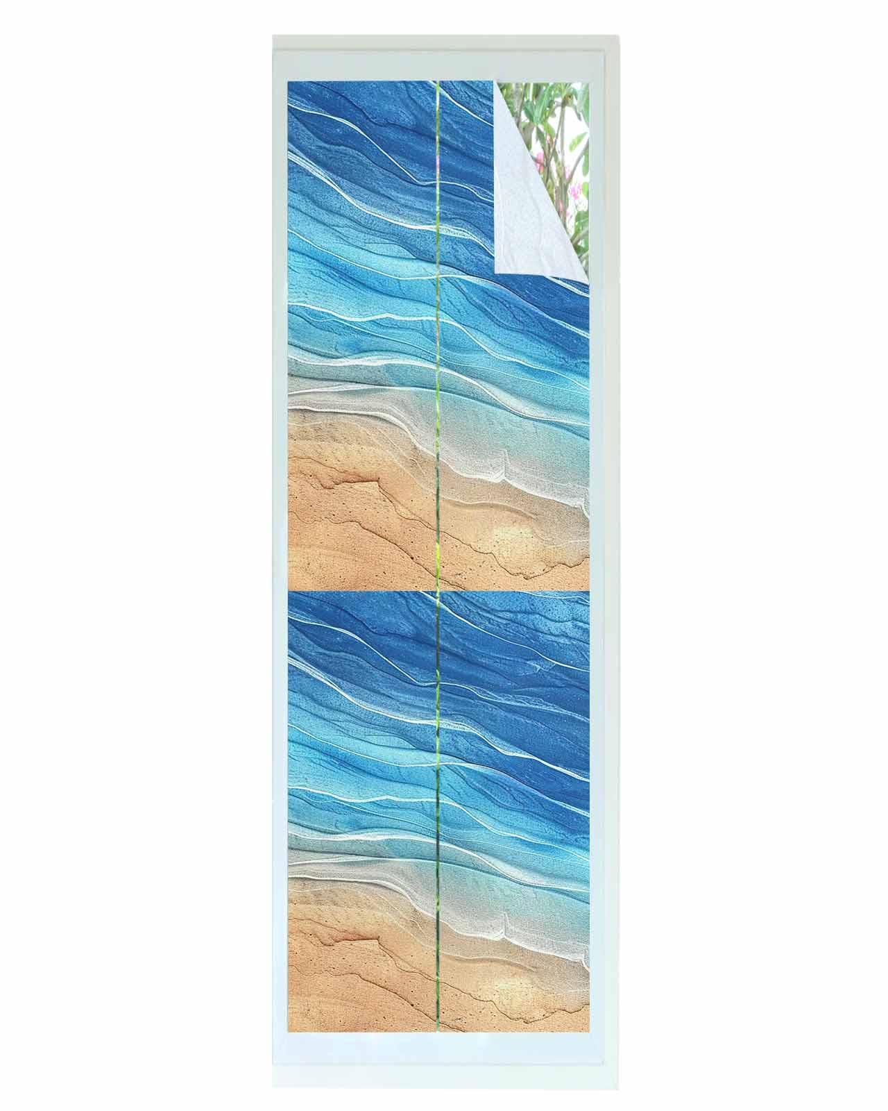 Window Privacy Film, Blue Ocean Ombre UV Sun Blocking Window Tint Film Heat Control One Way Blackout Window Film, Spring Summer Coastal Sea Wave Non Adhesive Static Cling Window Sticker 23.6x78.7 In
