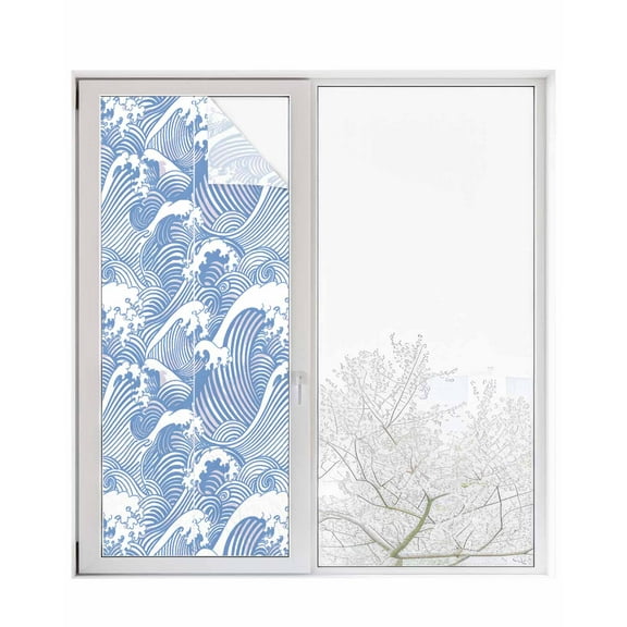 Window Privacy Film Blue Ocean Waves Stained Glass Window Film Decorative Sun Block Window Cover Abstract Art Moire Seaside Window Clings Static Adhesive Sticker for Bathroom 23.6"x59"