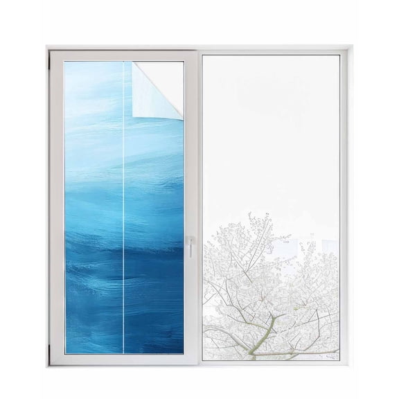 Window Privacy Film Blue Ocean Waves Stained Glass Window Film Decorative Sun Block Window Cover Stripe Ombre Coastal Window Clings Static Adhesive Sticker for Bathroom 23.6"x59"