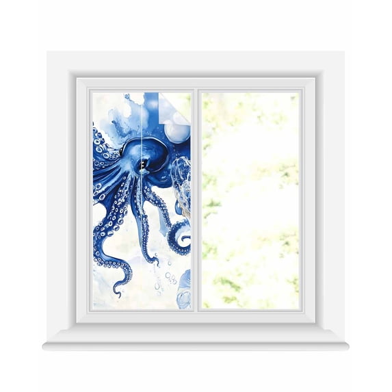 Window Privacy Film Blue Octopus Coastal Stained Glass Window Film Decorative Sun Block Window Cover Nautical Summer Beach Shell Window Clings Static Adhesive Sticker for Bathroom 17.7"x39.3"