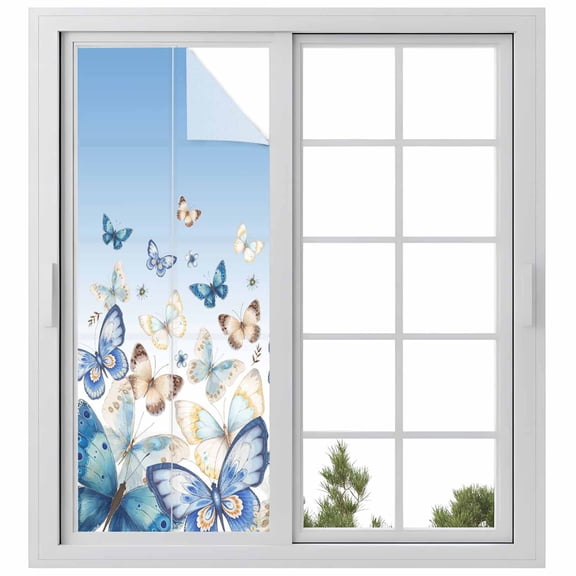 Window Privacy Film Blue Ombre Butterfly Stained Glass Window Film Decorative Sun Block Window Cover Pastoral Farmhouse Butterflies Window Clings Static Adhesive Sticker for Bathroom 23.6"x59"