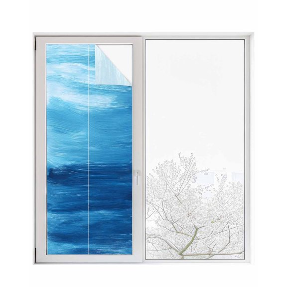 Window Privacy Film Blue Ombre Coastal Stained Glass Window Film Decorative Sun Block Window Cover Summer Gradient Ocean Wave Window Clings Static Adhesive Sticker for Bathroom 23.6"x59"