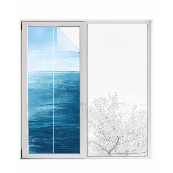 Window Privacy Film Blue Ombre Coastal Stained Glass Window Film Decorative Sun Block Window Cover Summer Nautical Ocean Wave Window Clings Static Adhesive Sticker for Bathroom 23.6"x59"
