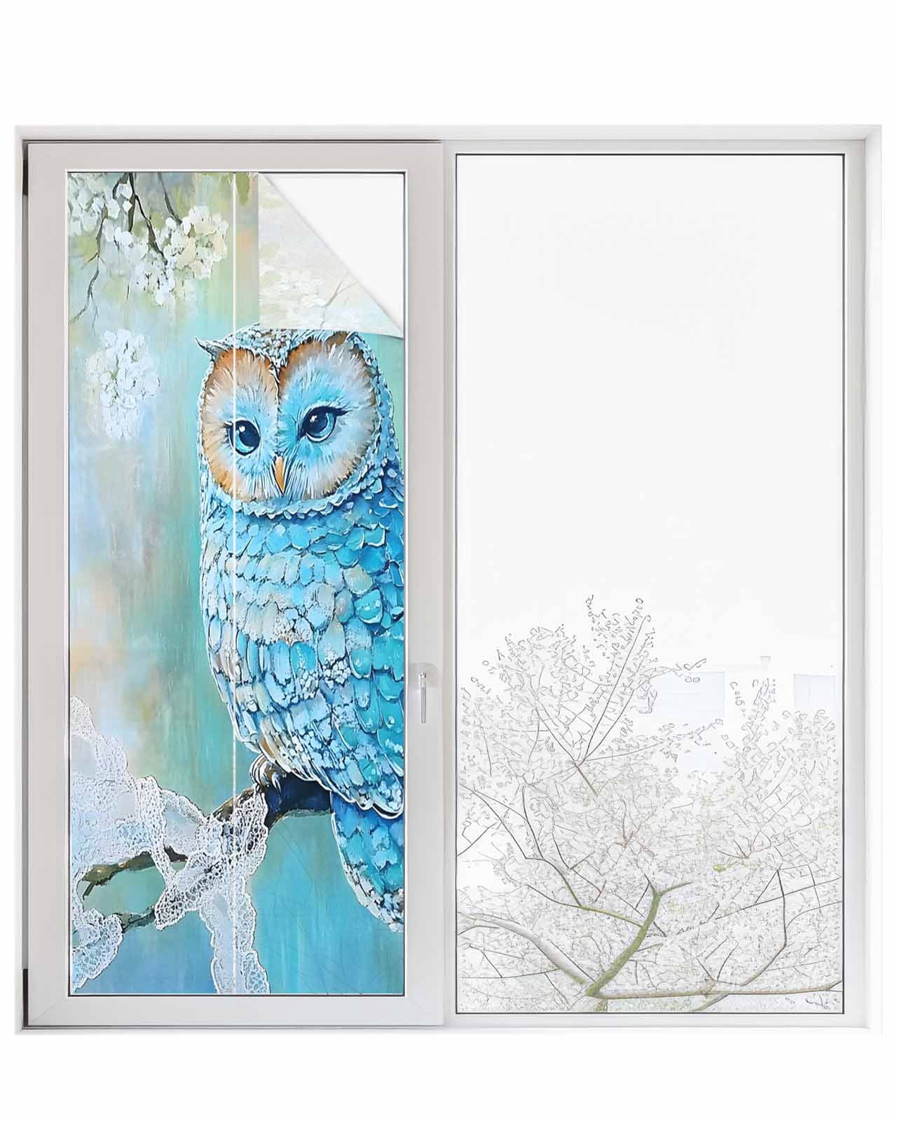 Window Privacy Film Blue Owl Stained Glass Window Film Decorative Sun Block Window Cover Watercolor Flower Bird on Branch Window Clings Static Adhesive Sticker for Bathroom 23.6"x59"