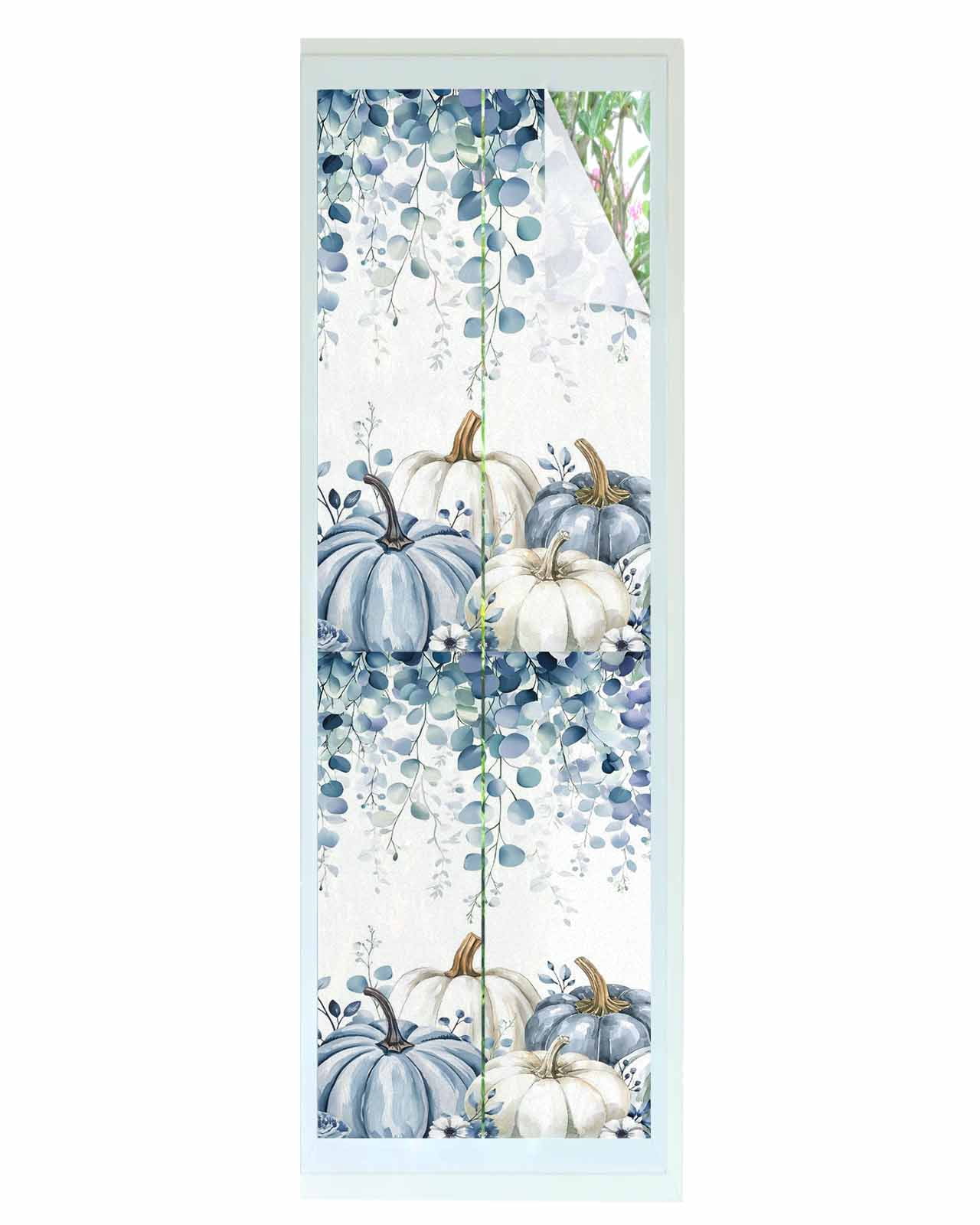 Window Privacy Film Blue Pumpkin Fall Stained Glass Window Film Decorative Sun Block Window Cover Thanksgiving Eucalyptus Leaves Weeping Window Clings Static Adhesive Sticker for Bathroom 17.7"x78.7"