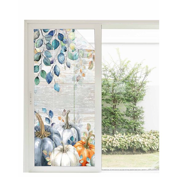 Window Privacy Film Blue Pumpkin Stained Glass Window Film Decorative Sun Block Window Cover Orange White Thanksgiving Autumn Eucalyptus Window Clings Static Adhesive Sticker for Bathroom 35.4"x78.7"