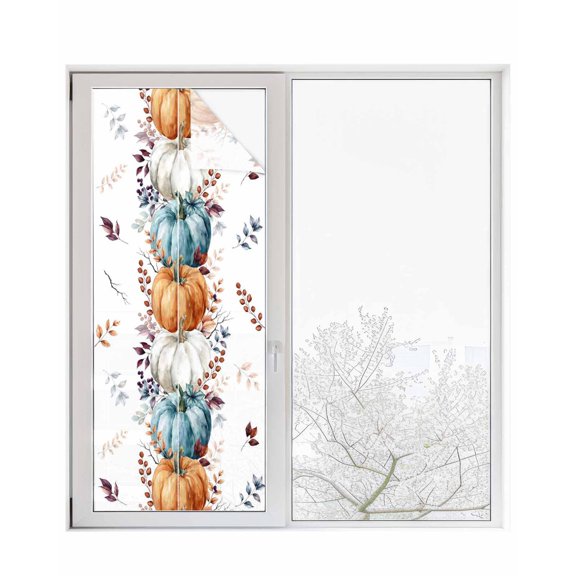 Window Privacy Film Blue Pumpkin Stained Glass Window Film Decorative Sun Block Window Cover Thanksgiving Autumn Orange White Eucalyptus Window Clings Static Adhesive Sticker for Bathroom 23.6"x59"
