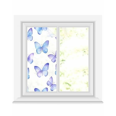 Window Privacy Film Blue Purple Butterfly Stained Glass Window Film Decorative Sun Block Window Cover Elegance Watercolors Butterflies Window Clings Static Adhesive Sticker for Bathroom 17.7"x39.3"