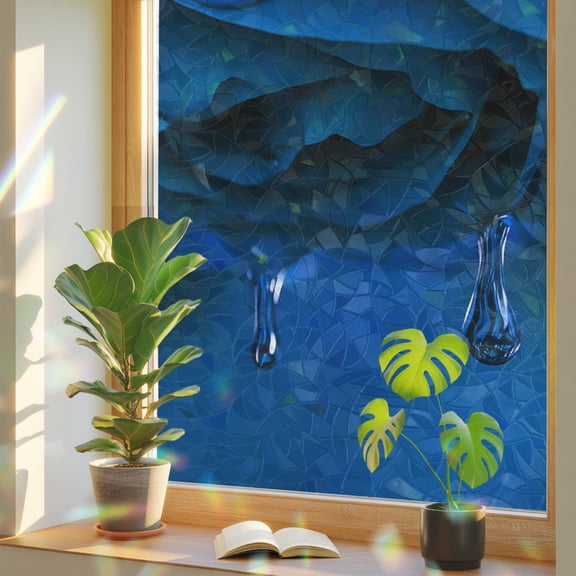 Window Privacy Film Blue Rose Stained Glass Window Film Nature Water Drops Rainbow Static Window Clings for Glass Windows Home Bathroom Living Room Office Glass Door Sticker 17.7"39.3"