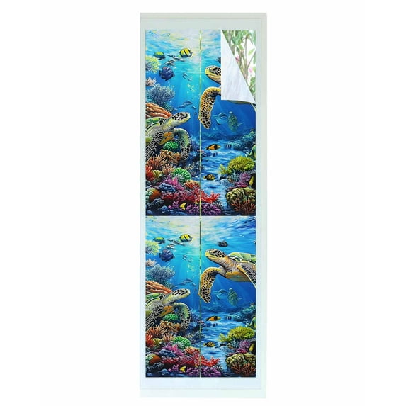 Window Privacy Film Blue Sea Turtle Ocean Stained Glass Window Film Decorative Sun Block Window Cover Colorful Coral Sea Underwater Window Clings Static Adhesive Sticker for Bathroom 29.5"x118"