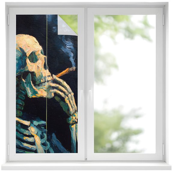 Window Privacy Film Blue Skeleton Stained Glass Window Film Decorative Sun Block Window Cover Halloween Horror Scary Oil Painting Skull Window Clings Static Adhesive Sticker for Bathroom 17.7"x39.3"