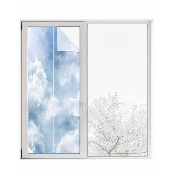 Window Privacy Film Blue Sky Stained Glass Window Film Decorative Sun Block Window Cover Cloud Gradient Natural Landscape Scenery Window Clings Static Adhesive Sticker for Bathroom 23.6"x59"