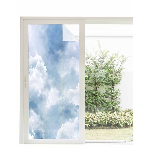 Window Privacy Film Blue Sky Stained Glass Window Film Decorative Sun Block Window Cover Cloud Gradient Natural Landscape Scenery Window Clings Static Adhesive Sticker for Bathroom 35.4"x78.7"