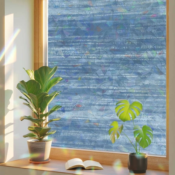 Window Privacy Film Blue Stained Glass Window Film Ombre Abstract Texture Rainbow Static Window Clings for Glass Windows Home Bathroom Living Room Office Glass Door Sticker 17.7"39.3"