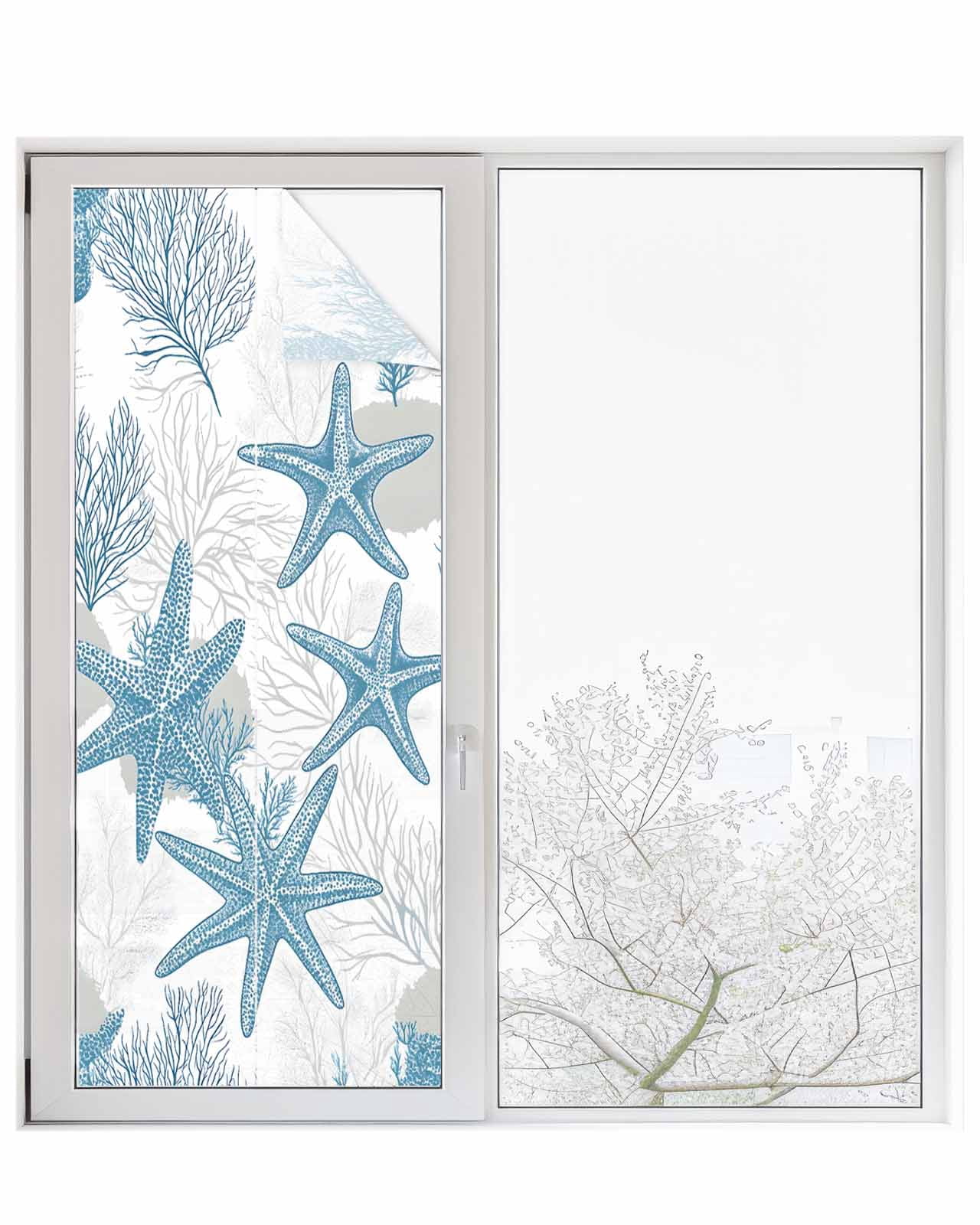 Window Privacy Film Blue Starfish Coastal Stained Glass Window Film Decorative Sun Block Window Cover Nautical Summer Beach Coral Ocean Window Clings Static Adhesive Sticker for Bathroom 23.6"x59"