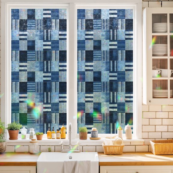 Window Privacy Film,Blue Stripe Plaid Gingham Check Static Clings Decorative Rainbow Window Films Stickers Abstract Geometric Sun Blocking Glass Cover for Home Bathroom Office,17.7"x39.3"