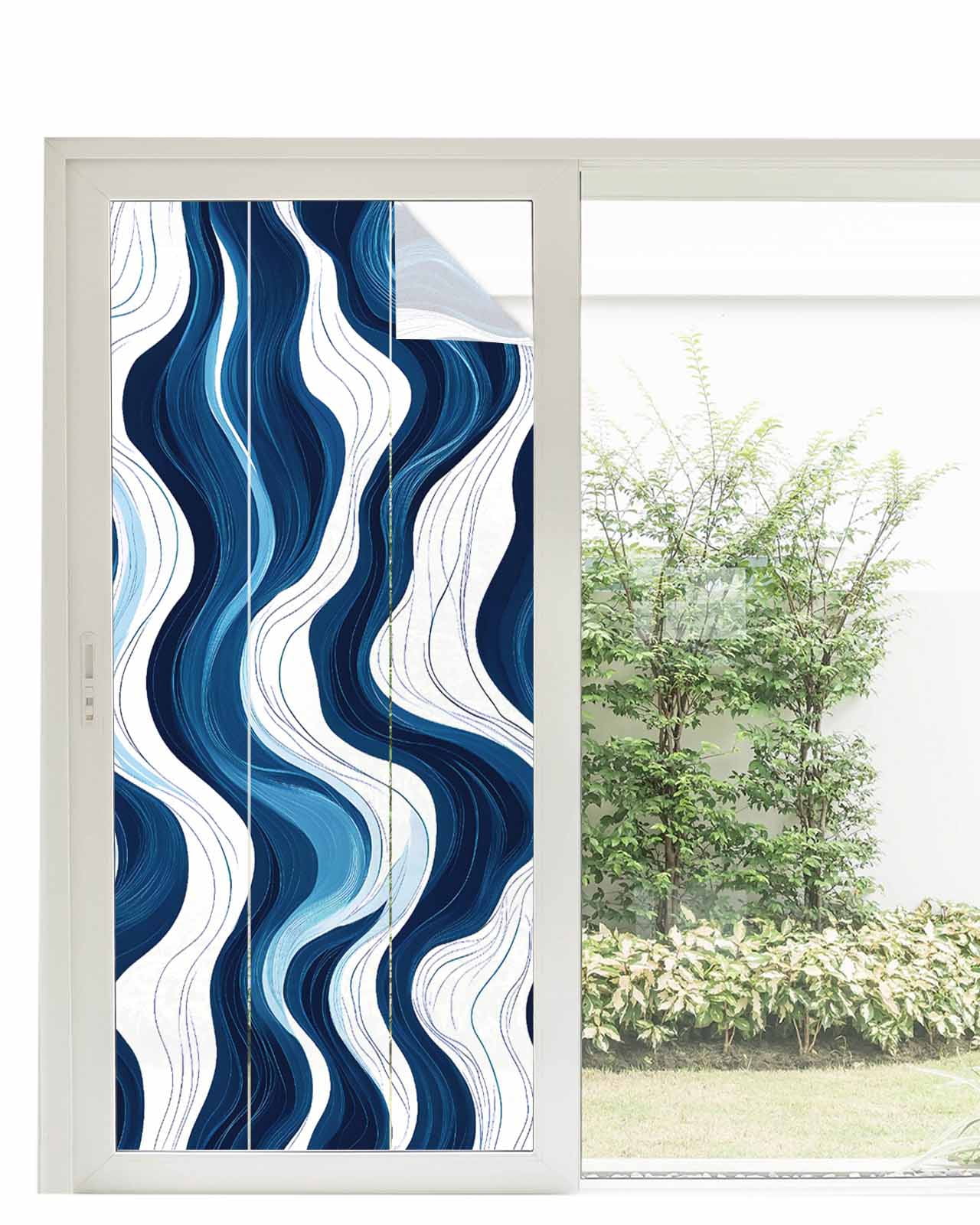 Window Privacy Film Blue Stripe Stained Glass Window Film Decorative Sun Block Window Cover Geometric White Coastal Wave Modern Ocean Window Clings Static Adhesive Sticker for Bathroom 35.4"x78.7"