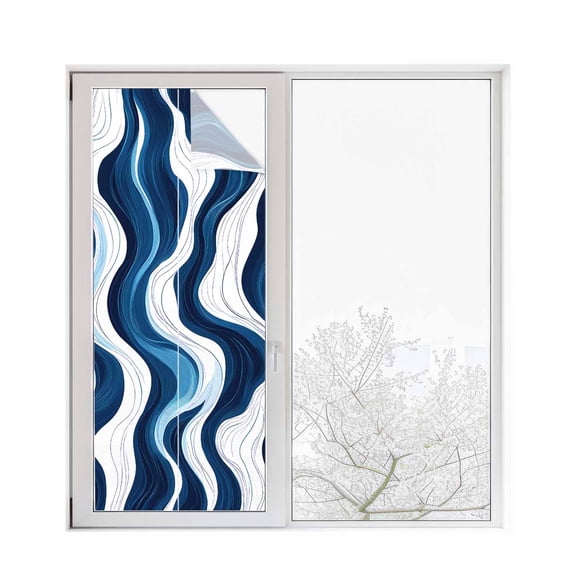 Window Privacy Film Blue Stripe Stained Glass Window Film Decorative Sun Block Window Cover Geometric White Coastal Wave Modern Ocean Window Clings Static Adhesive Sticker for Bathroom 23.6"x59"