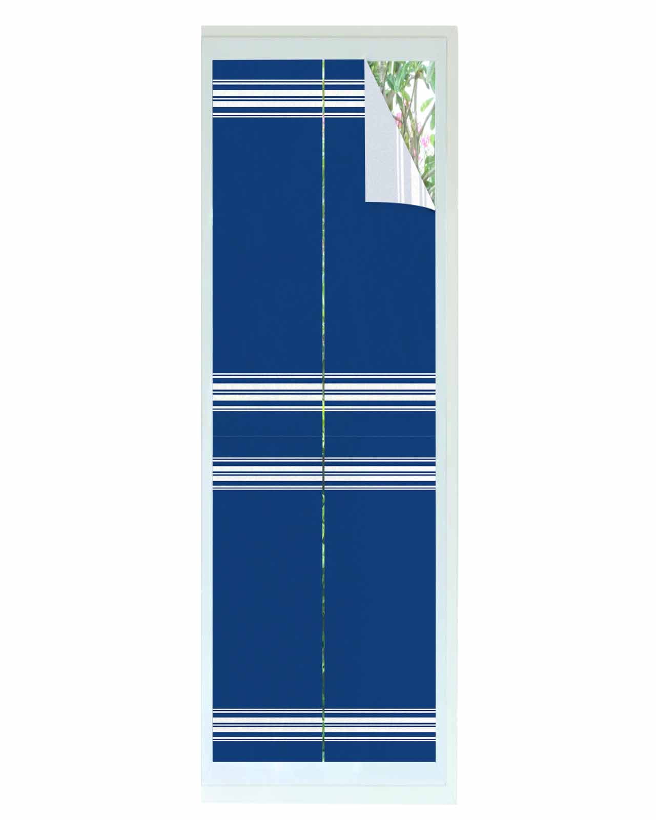 Window Privacy Film, Blue Stripes UV Sun Blocking Window Tint Film Heat Control One Way Blackout Window Film, Farmhouse Modern White Vertical Lines Non Adhesive Static Cling Sticker 17.7x78.7 In