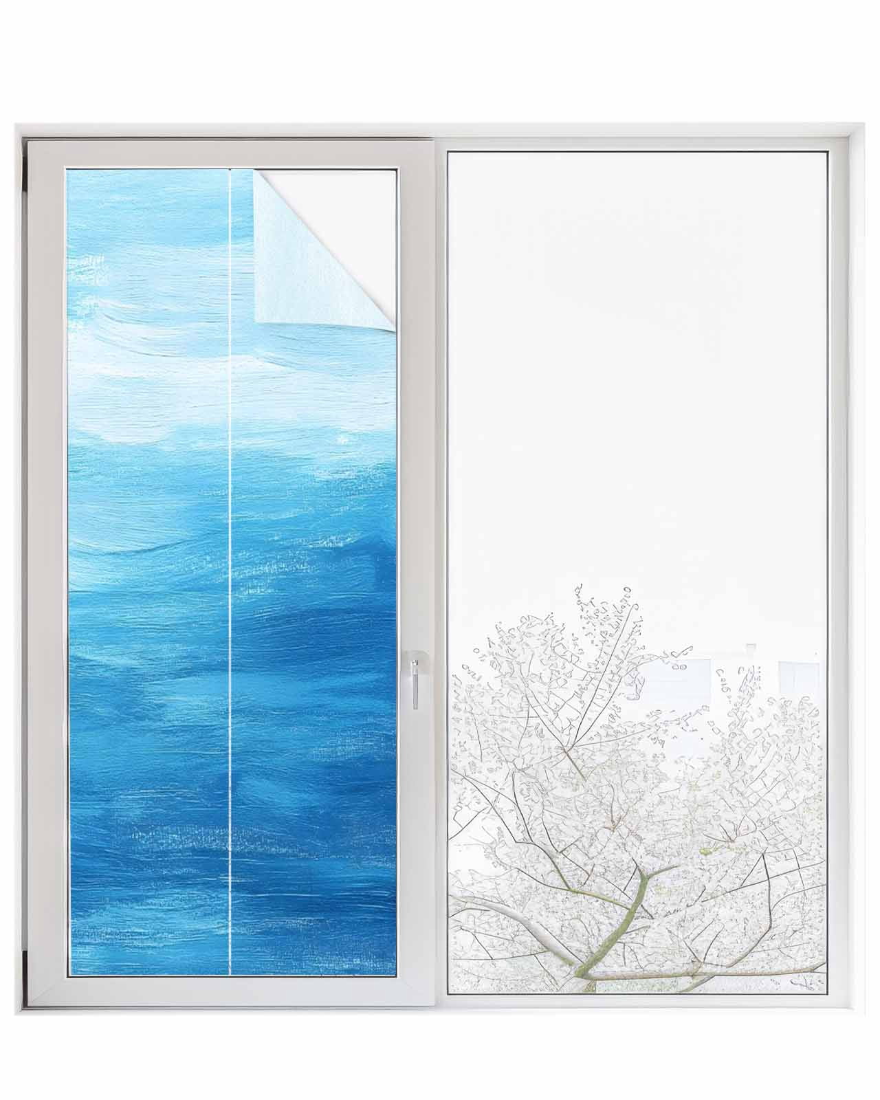 Window Privacy Film Blue Summer Ocean Stained Glass Window Film Decorative Sun Block Window Cover Modern Abstract Coastal Wave Window Clings Static Adhesive Sticker for Bathroom 23.6"x59"