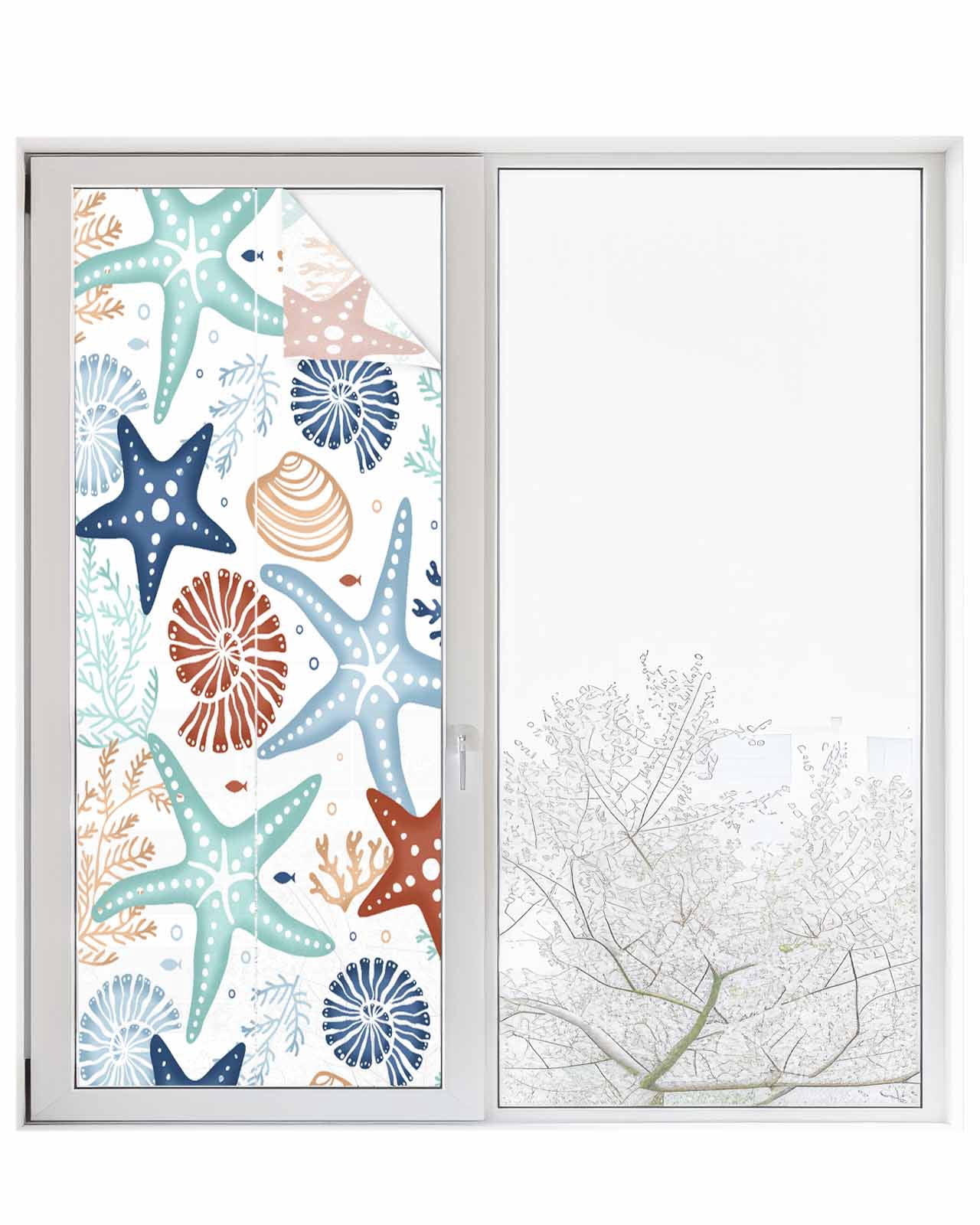 Window Privacy Film,Blue Teal Khaki Coral Sun Blocking Window Tint Film Heat Control One Way Blackout Window Film,Spring Summer Coastal Starfish Beach Nautical Non Adhesive Static Cling 29.5x78.7