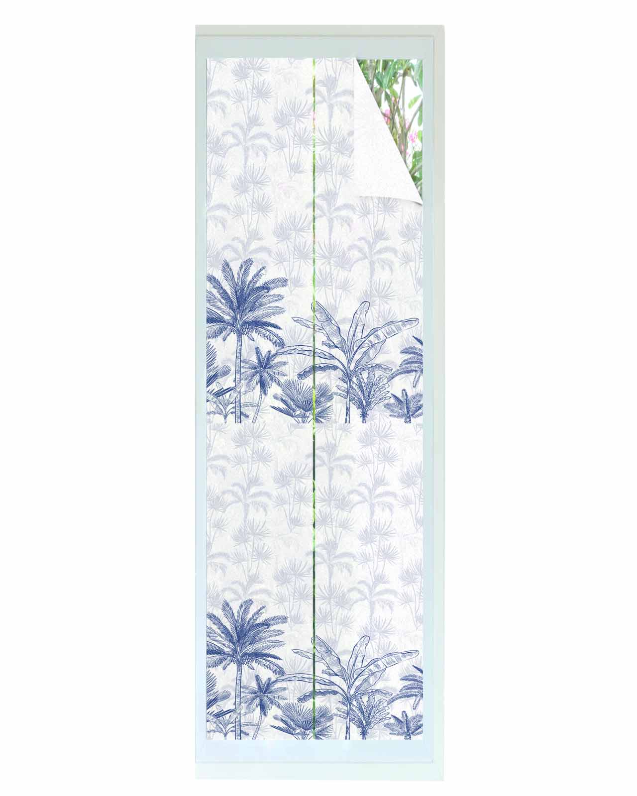 Window Privacy Film, Blue Tropical Palm Tree UV Sun Blocking Window Tint Film Heat Control One Way Blackout Window Film, Summer Botanical Monstera Plants Non Adhesive Static Cling Sticker 29.5x118 In