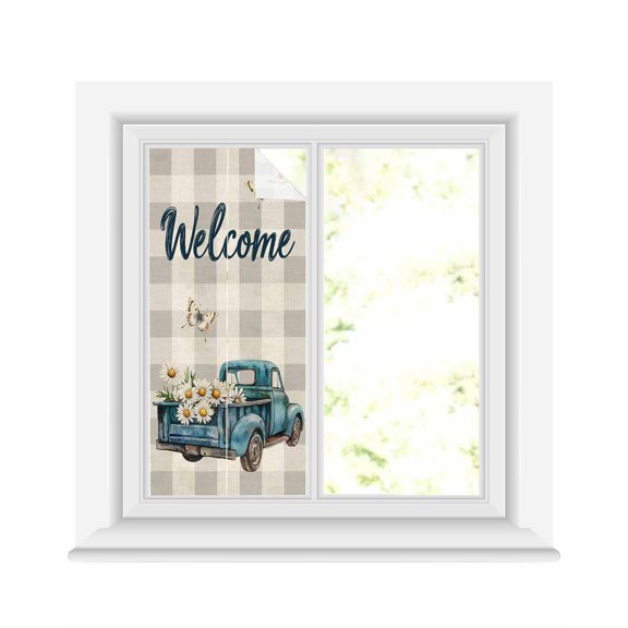 Window Privacy Film Blue Truck Spring Floral Stained Glass Window Film Decorative Sun Block Window Cover Grey Plaid Butterflies Vintage Window Clings Static Adhesive Sticker for Bathroom 19.6"x39.3"