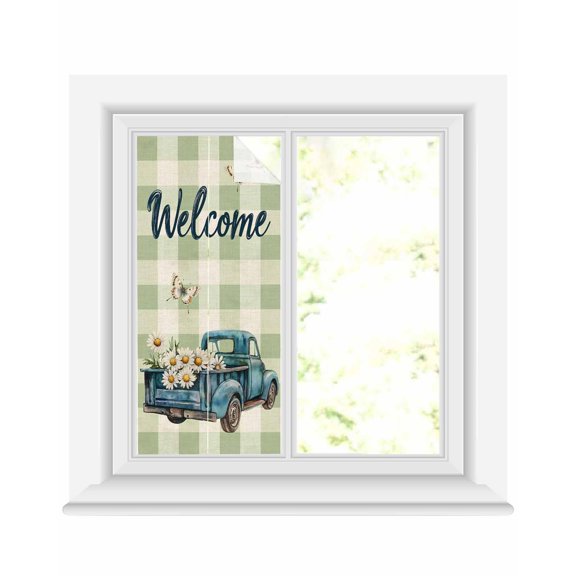 Window Privacy Film Blue Truck Spring Floral Stained Glass Window Film Decorative Sun Block Window Cover Sage Green Plaid Butterflies Window Clings Static Adhesive Sticker for Bathroom 19.6"x39.3"