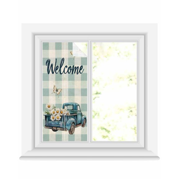 Window Privacy Film Blue Truck Spring Floral Stained Glass Window Film Decorative Sun Block Window Cover Teal Plaid Butterflies Vintage Window Clings Static Adhesive Sticker for Bathroom 17.7"x39.3"
