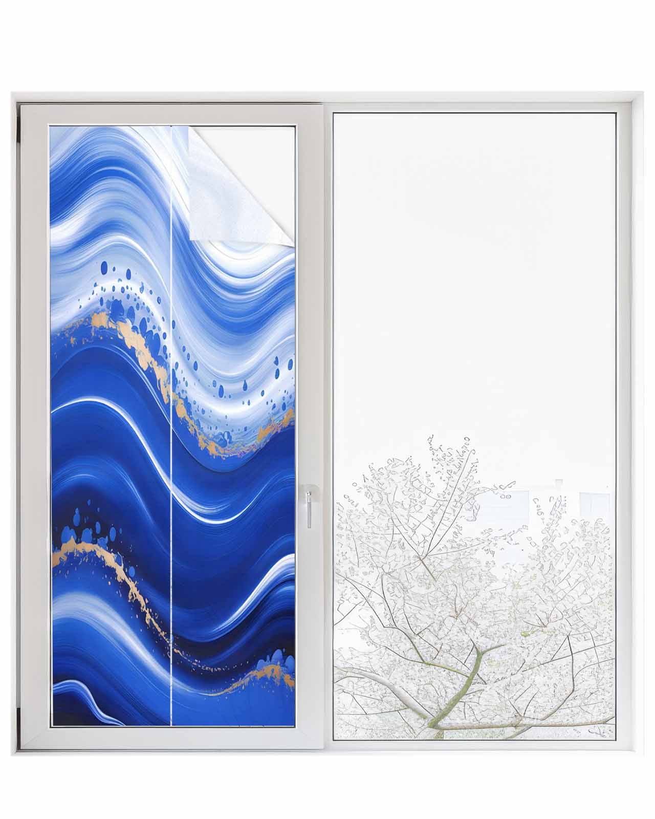 Window Privacy Film Blue Waves Abstract Stained Glass Window Film Decorative Sun Block Window Cover Ocean Fluid Gradient Luxury Window Clings Static Adhesive Sticker for Bathroom 23.6"x59"