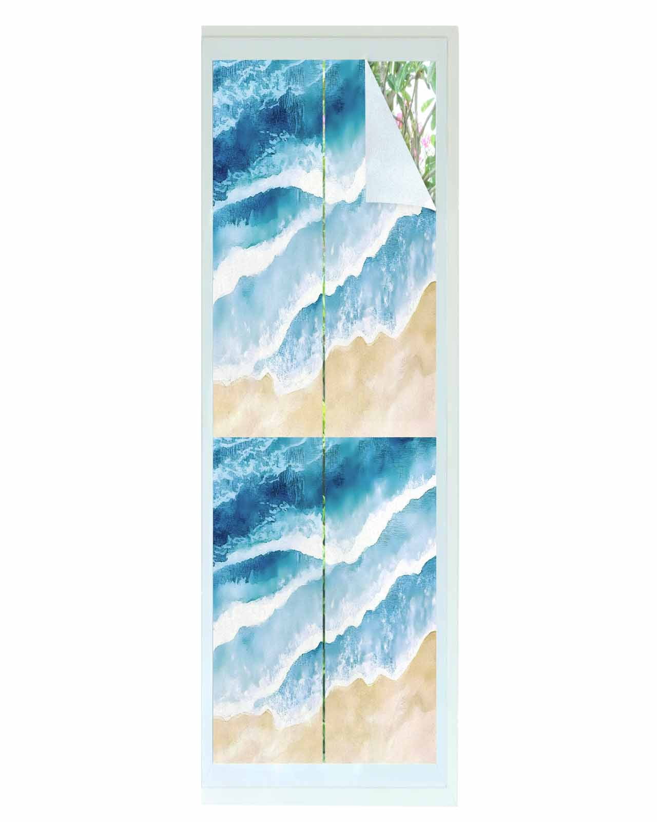 Window Privacy Film Blue Waves Coastal Stained Glass Window Film Decorative Sun Block Window Cover Summer Beach Nautical Ocean Window Clings Static Adhesive Sticker for Bathroom 23.6"x78.7"