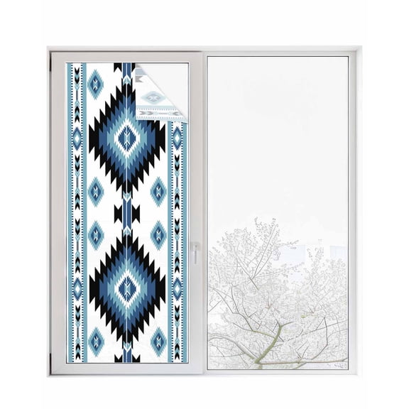 Window Privacy Film, Blue White Boho Southwestern Sun Blocking Window Tint Film Heat Control One Way Blackout Window Film, Vintage Ethnic Tribe Geometric Texture Non Adhesive Static Cling 23.6x59 In