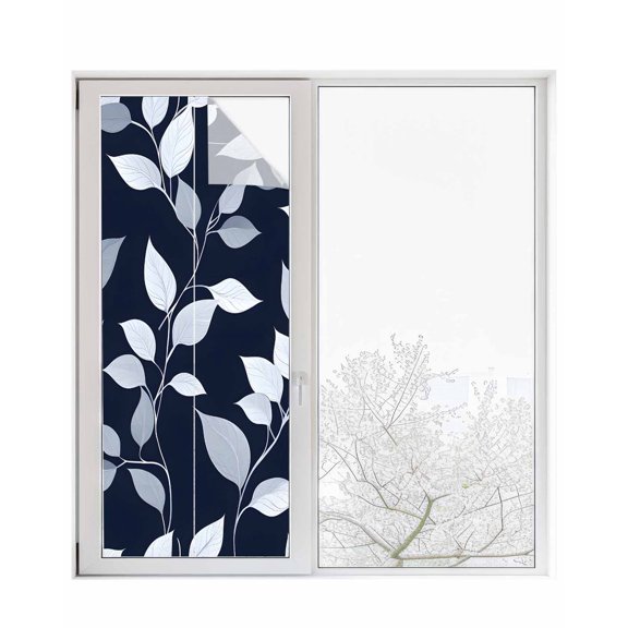 Window Privacy Film Blue White Eucalyptus Stained Glass Window Film Decorative Sun Block Window Cover Spring Summer Watercolor Leaf Window Clings Static Adhesive Sticker for Bathroom 29.5"x78.7"